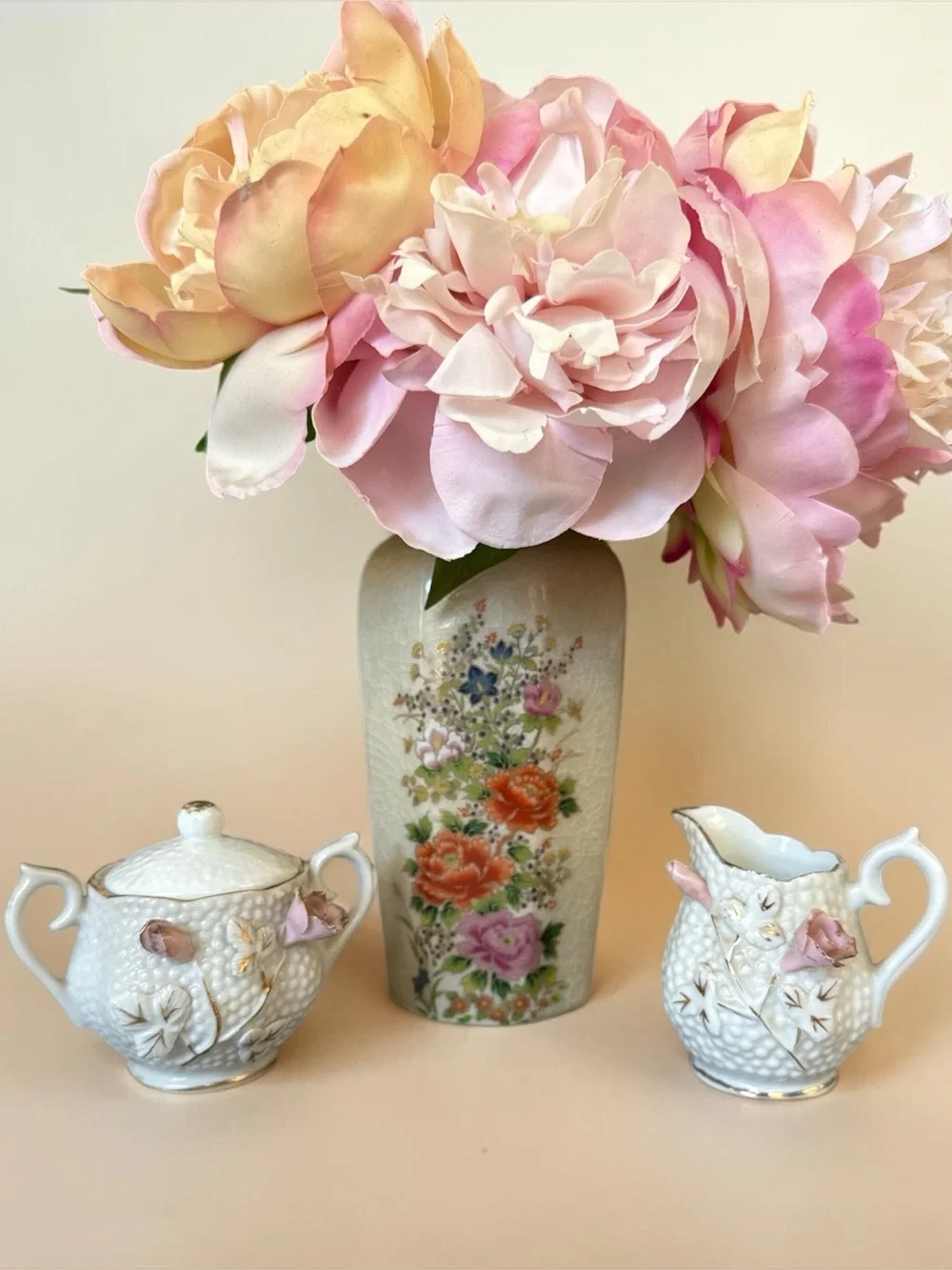 Vintage Japanese Porcelain Demi Creamer Sugar Set Hobnail 3D Pink Rose